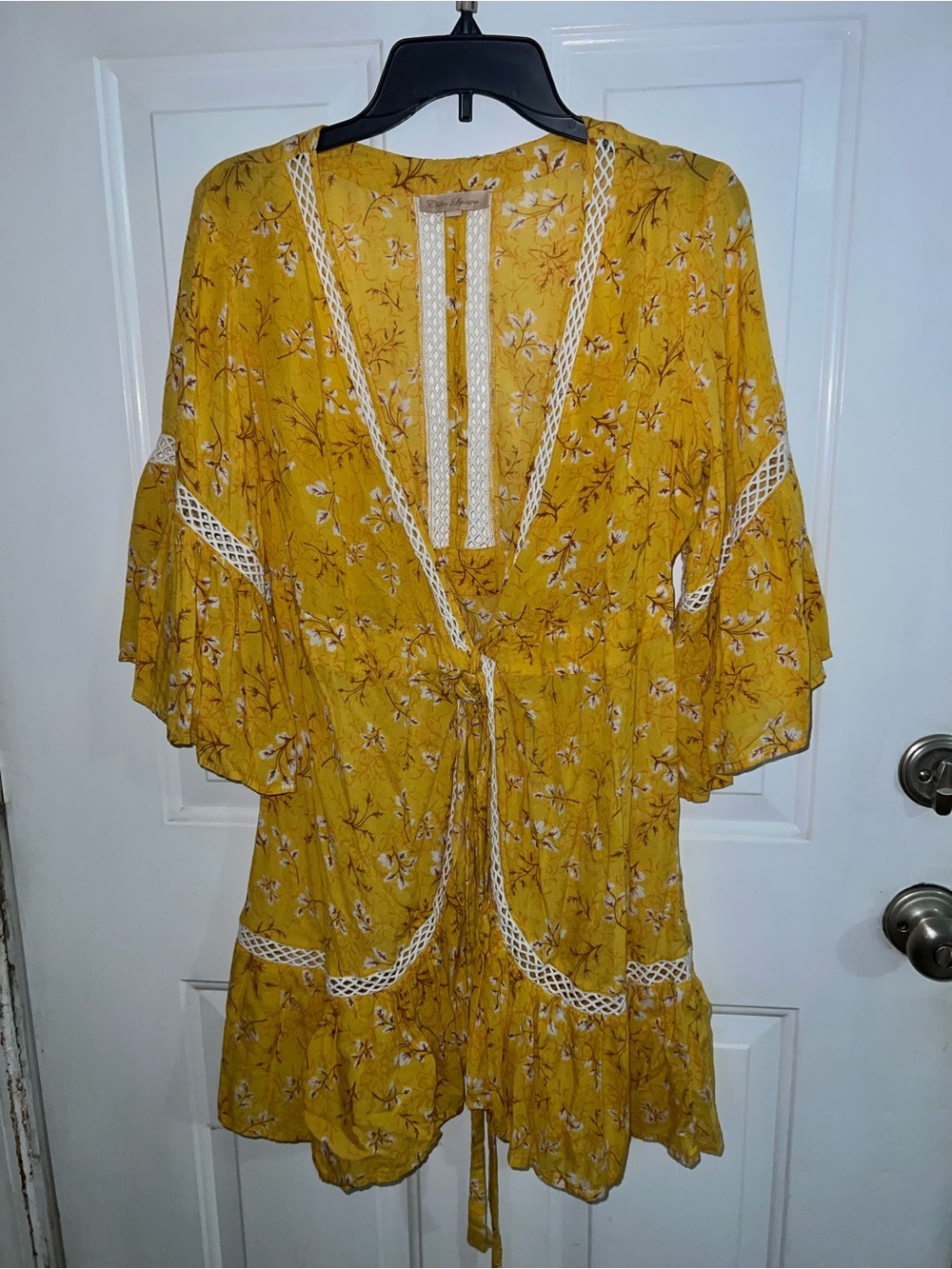 Mustard Yellow Floral Tie-Front Dress with Crochet Trim